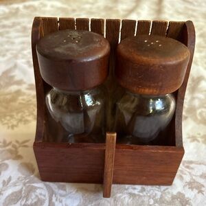 Vintage Wood Jar Salt & Pepper Shakers in Wooden Holder